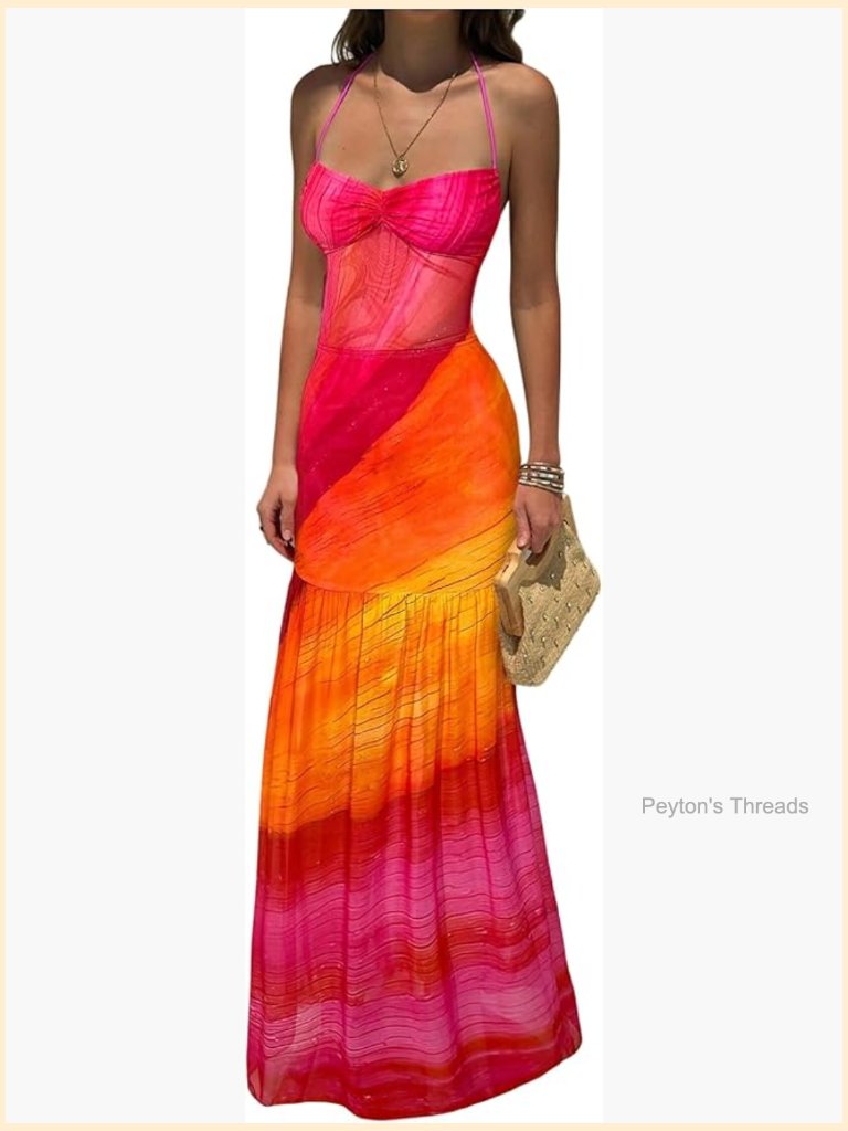 Sleeveless Floral Halter Maxi Dress With Tie Backless Ruched Bust